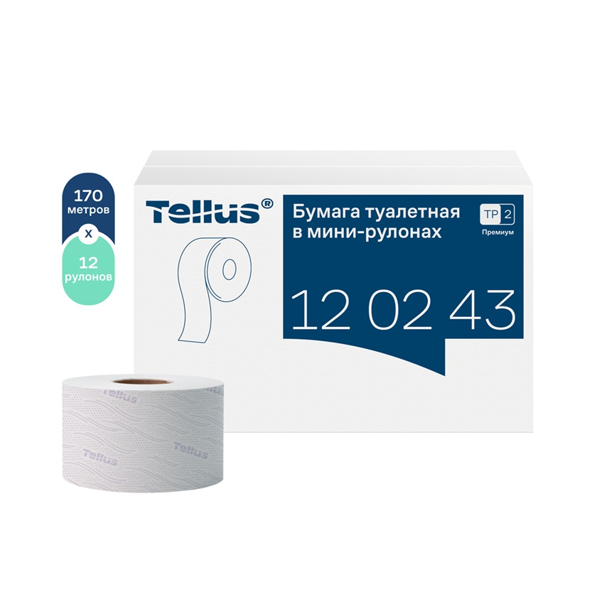 Туалетная бумага Tellus в мини-рулонах мягкая, премиум 2 сл, 170м Т2, 120243