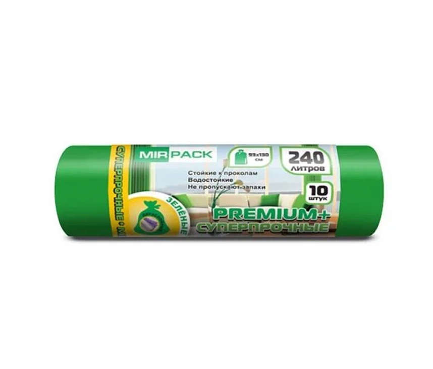 Мешки ПВД "PREMIUM+" 240 л. 93*130, 45 мкм, 10штук в рулоне, зеленые (10 рул/кор)  140108301